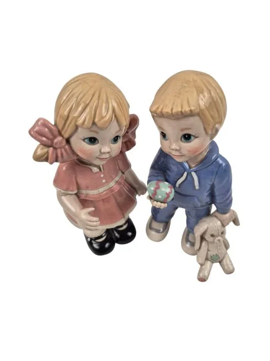 Vintage Ceramic Figurines Boy Girl Bunny Toy Easter Spring Decor Glossy Finish - Picture 3 of 11